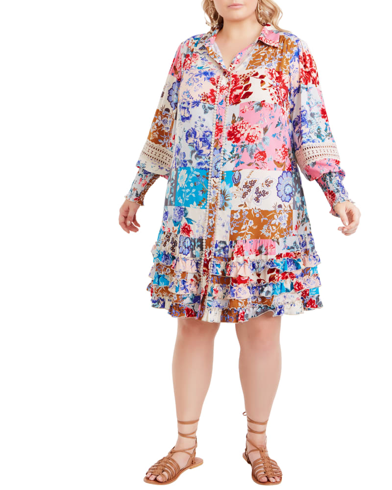 Front of a model wearing a size 14 Luna Mini Dress in Tan by Aveology. | dia_product_style_image_id:209851